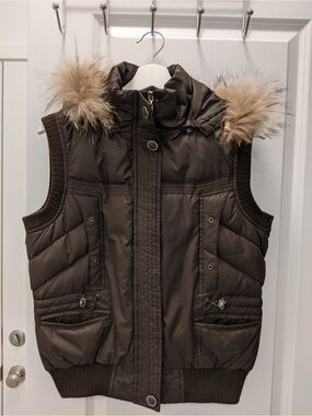Brown Puffer Vest with Faux Fur Hood
